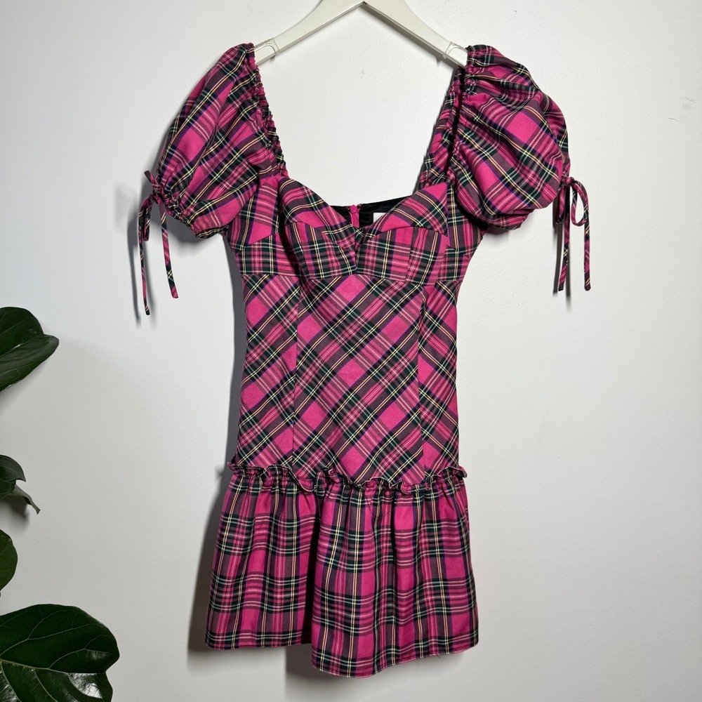 Amanda Uprichard Pink Plaid Puff Sleeve Mini Dress Sweetheart Ruffle Hem S Punk